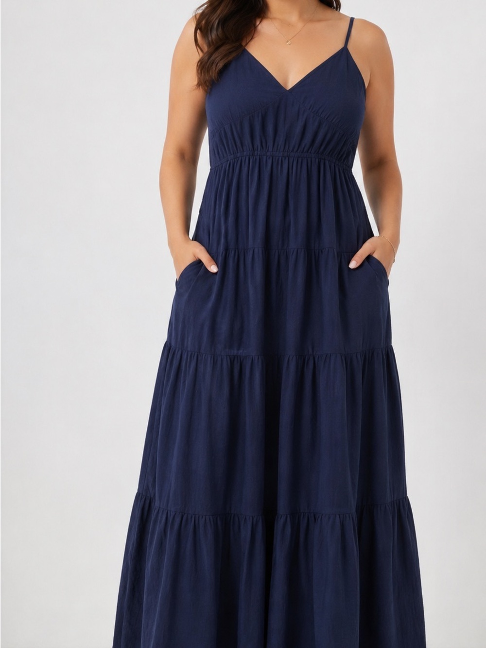 Abercrombie & Fitch Navy Tiered V-Neck Maxi with Spaghetti Straps With Pockets